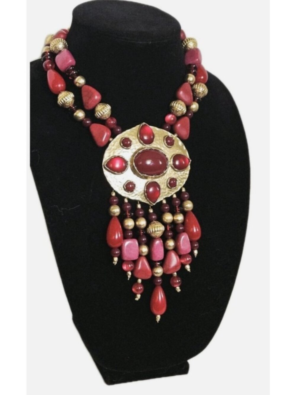 Vintage Chicos Red Statement Necklace Gold Beaded Fringe Bold 35th Anniversary - Picture 6 of 12